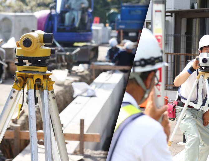 道路工事で測量をする様子